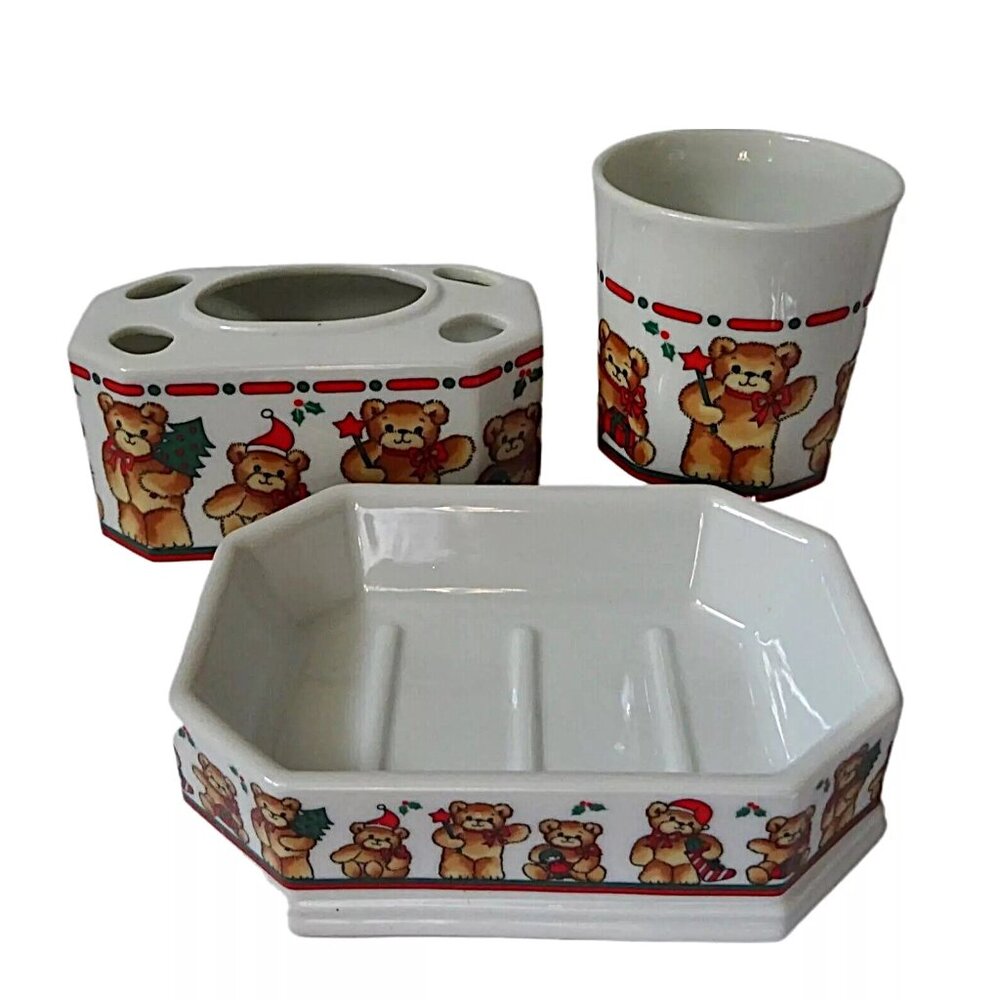 Holiday Bears 3 Piece Bathroom Set Tumbler Dish Toothbrush Hold Christmas Japan